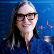 "Cathie Wood reviewing stock charts with AMD, BYD, and WeRide logos in the background, highlighting top growth picks for 2026"