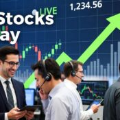 “US stock market update showing Dow, S&P 500, Nasdaq performance with earnings reports and economic data trends”