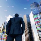 "Apple headquarters with stock market charts showing leadership change impact on Apple stock performance and investor sentiment"