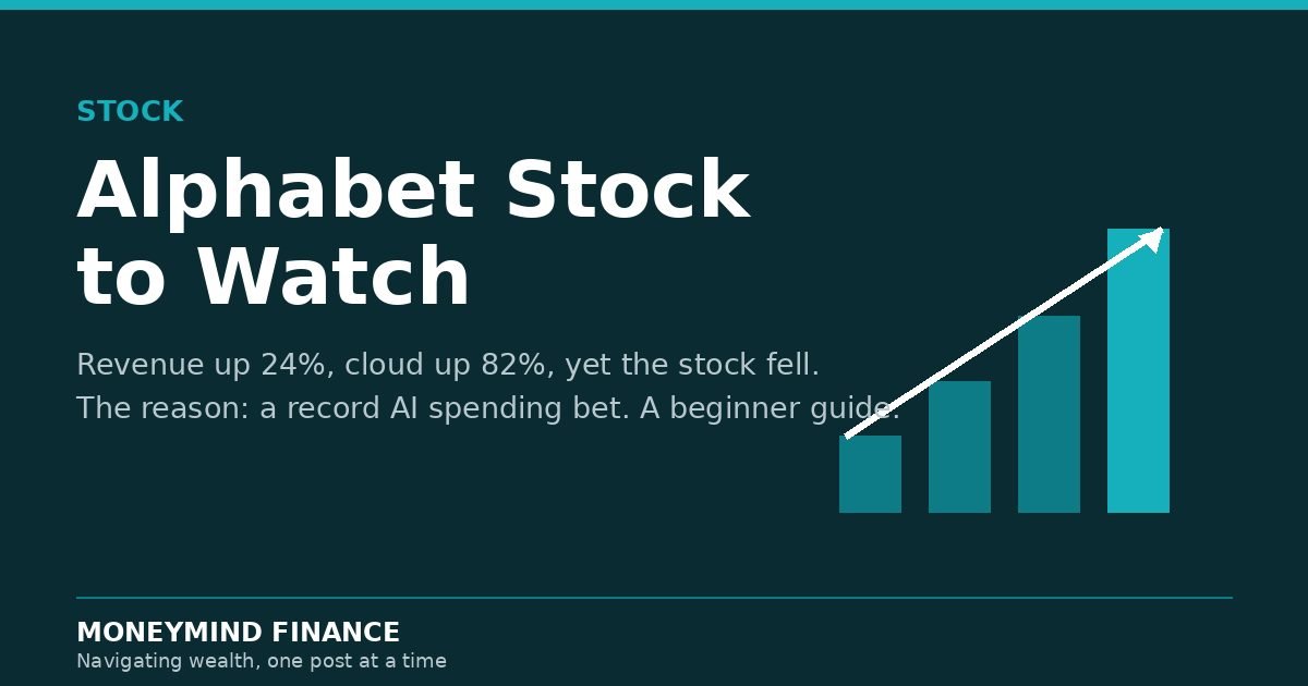 Alphabet Stock to Watch, revenue up 24 percent and cloud up 82 percent as shares fell on AI spending, MoneyMind Finance market analysis banner