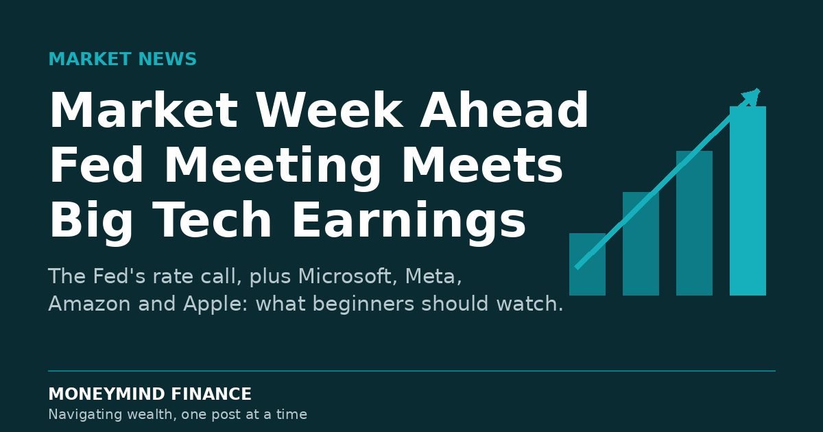 Market Week Ahead Fed meeting and Big Tech earnings, MoneyMind Finance market analysis banner