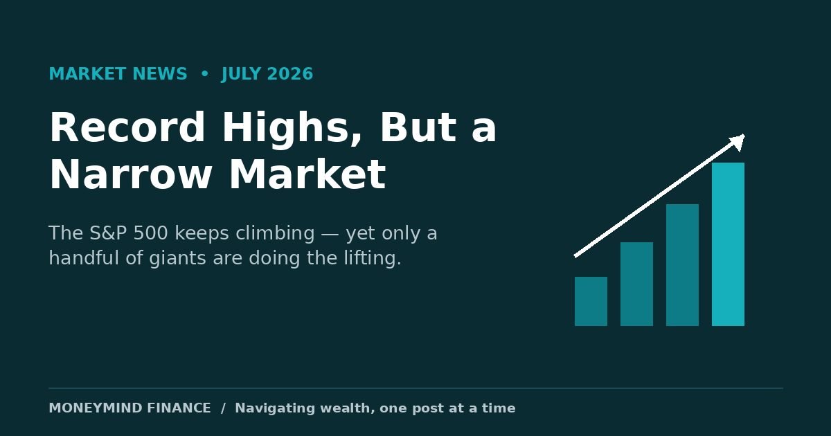 S&P 500 record highs with narrow market breadth, MoneyMind Finance market analysis banner