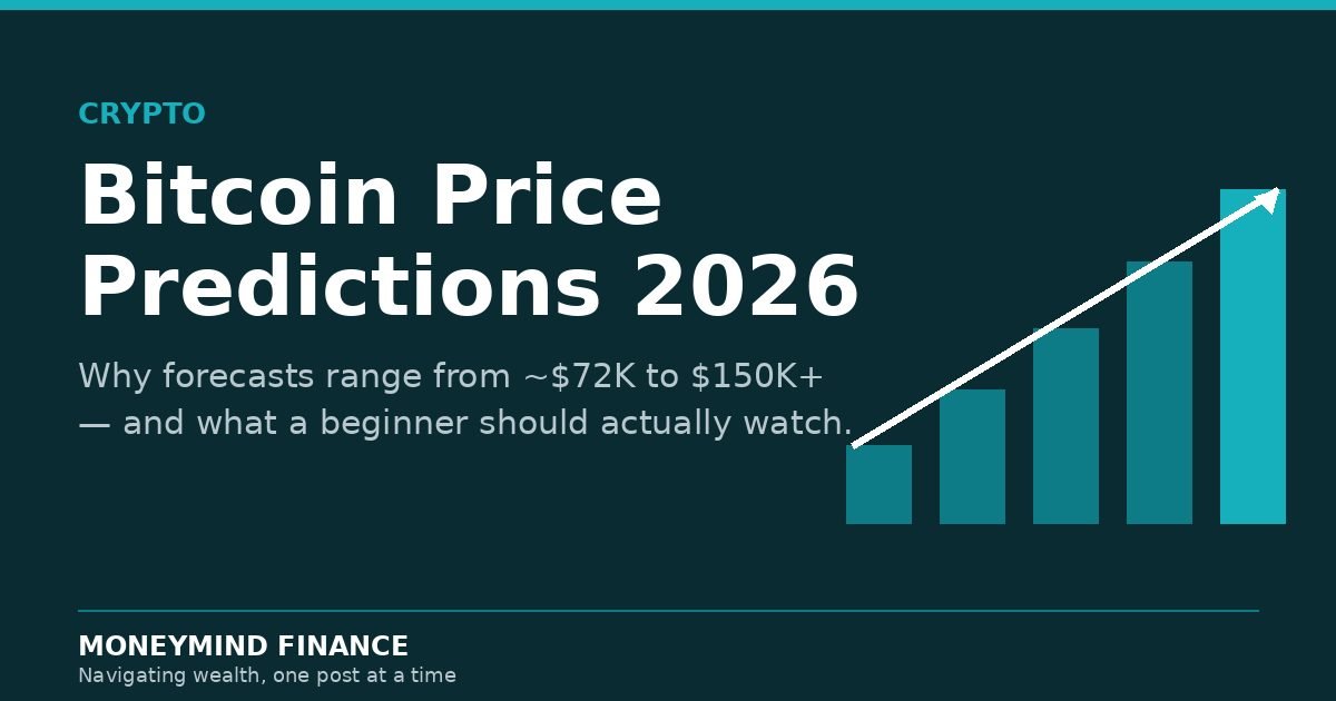 Ascending teal bars and up arrow with headline Bitcoin Price Predictions 2026 - MoneyMind Finance market analysis banner