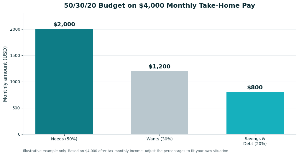 Bar chart of a 50/30/20 budget on $4,000 monthly take-home pay: $2,000 needs, $1,200 wants, $800 savings and debt