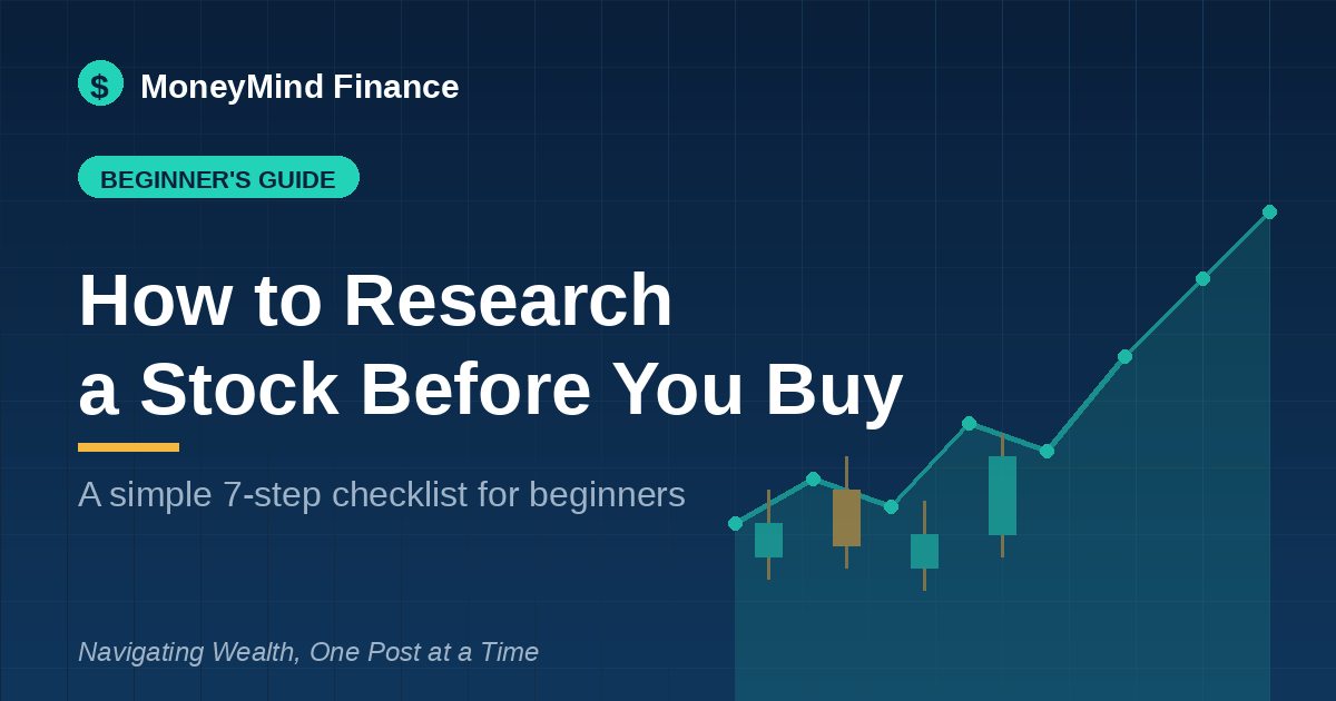 How to research a stock before buying - a beginner's 7-step checklist, MoneyMind Finance market analysis banner