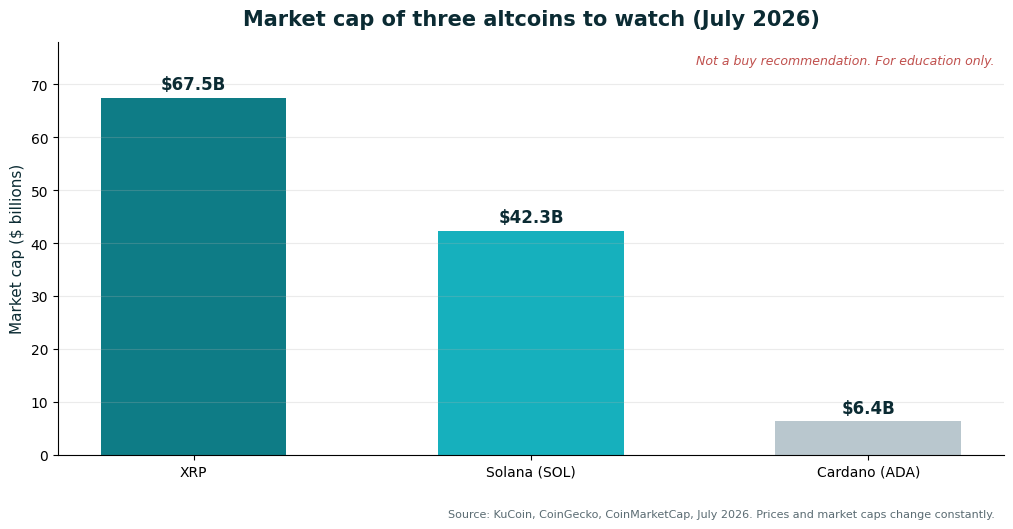 Bar chart comparing the market caps of XRP, Solana and Cardano as of July 2026