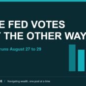 Dark teal banner reading THREE FED VOTES WENT THE OTHER WAY with the line Jackson Hole runs August 27 to 29, descending teal bars and a red downward arrow, MoneyMind Finance market analysis banner
