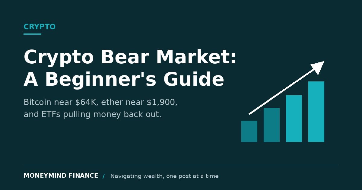 Crypto bear market explainer with bitcoin near $64,000 and ether near $1,900 on a MoneyMind Finance market analysis banner