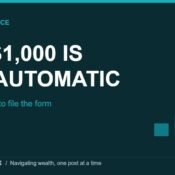 Dark teal banner with bold white capital headline reading THE 1,000 DOLLARS IS NOT AUTOMATIC, a supporting line saying Somebody has to file the form, and four ascending teal bars with an upward arrow at right. MoneyMind Finance market analysis banner.