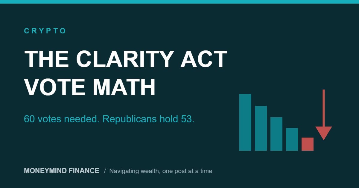 Dark teal banner with the words THE CLARITY ACT VOTE MATH in large white capitals, the line 60 votes needed, Republicans hold 53 in bright teal, and a row of descending teal bars with a red downward arrow at the right, a MoneyMind Finance market analysis banner
