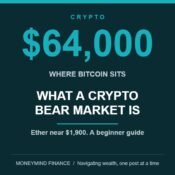 Dark teal banner centred on $64,000, where bitcoin sits, above the headline WHAT A CRYPTO BEAR MARKET IS, with the line Ether near $1,900. A beginner guide, flanked by descending teal bars and a down arrow, MoneyMind Finance market analysis banner