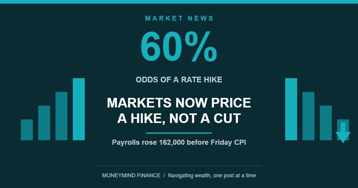 Dark teal banner centred on 60%, odds of a rate hike, above the headline MARKETS NOW PRICE A HIKE, NOT A CUT, with the line Payrolls rose 162,000 before Friday CPI, flanked by descending teal bars and a down arrow, MoneyMind Finance market analysis banner
