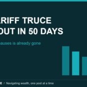 Dark teal banner with the eyebrow MARKET NEWS and the bold headline THE TARIFF TRUCE RUNS OUT IN 50 DAYS, a supporting line reading And the tariff it pauses is already gone, and five descending teal bars with a downward arrow at right, MoneyMind Finance market analysis banner